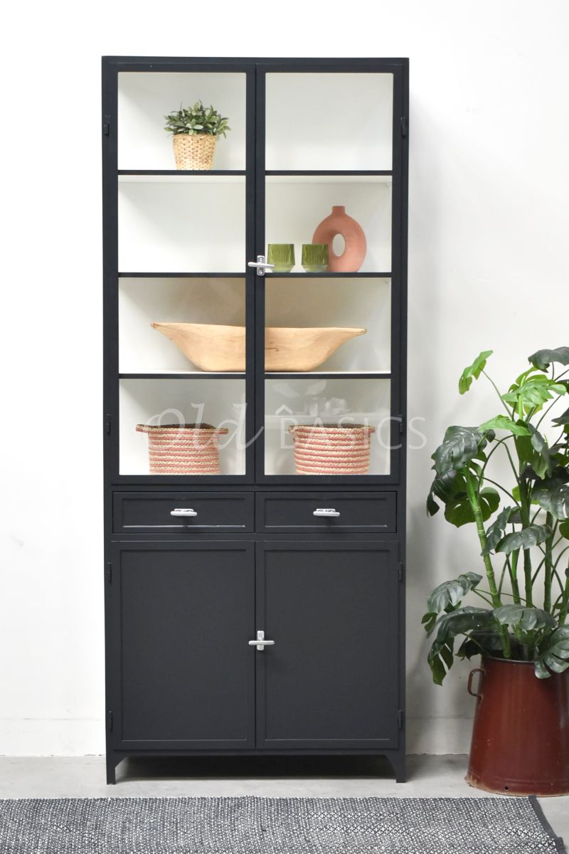 Detail van Apothekerskast Ferro, 2 deuren, RAL7021, zwart, grijs, materiaal staal